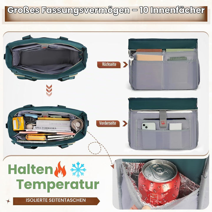 RAINSMORE Lehrertasche Damen Gross 15.6 Zoll Laptoptasche Arbeitstasche mit Isolierter Tasche für Kr