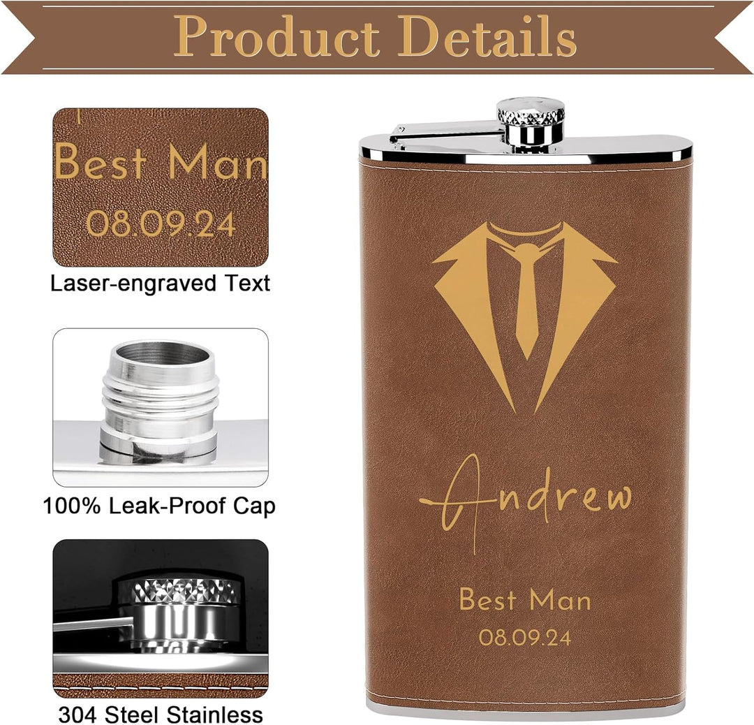 Flachmann Set mit Gravur für Hochzeit, Edelstahl Gross Personalisiert 12oz/355ml für Trauzeugen Gesc