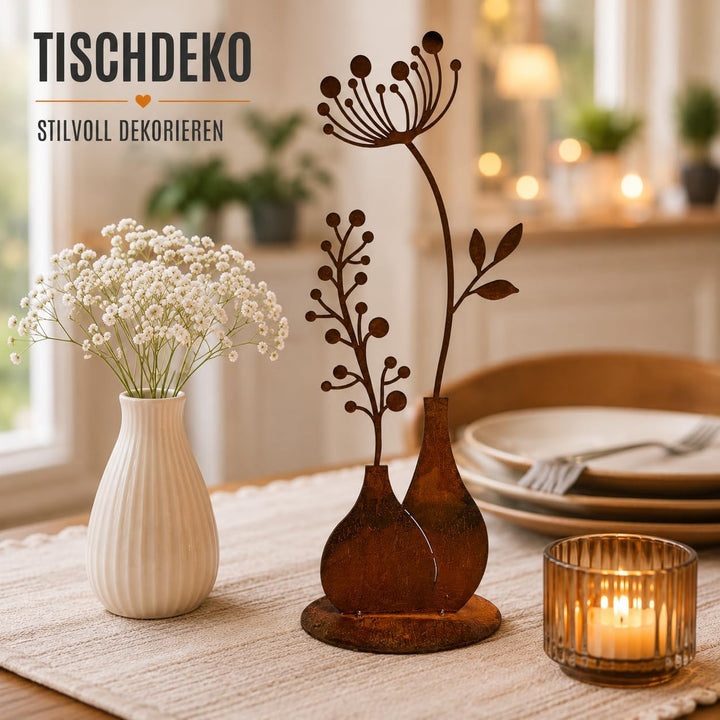 Terma Stahldesign Rost Figur Blume in Vase 50cm Pusteblume Gartendeko für draussen und drinnen Garte