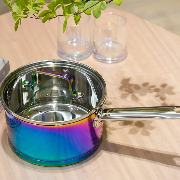 AKIS Dazzling Regenbogen Edelstahl 6 teilig Pfanne Topfset 1 Kochtopf, 1 Pfanne, 1 Stieltopf mit 3 G
