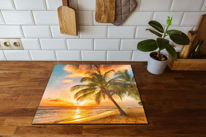 Palmen im Sonnenuntergang auf Barbados Herdabdeckplatte &amp; Spritzschutz aus Echtglas | Für Herd-Kochf