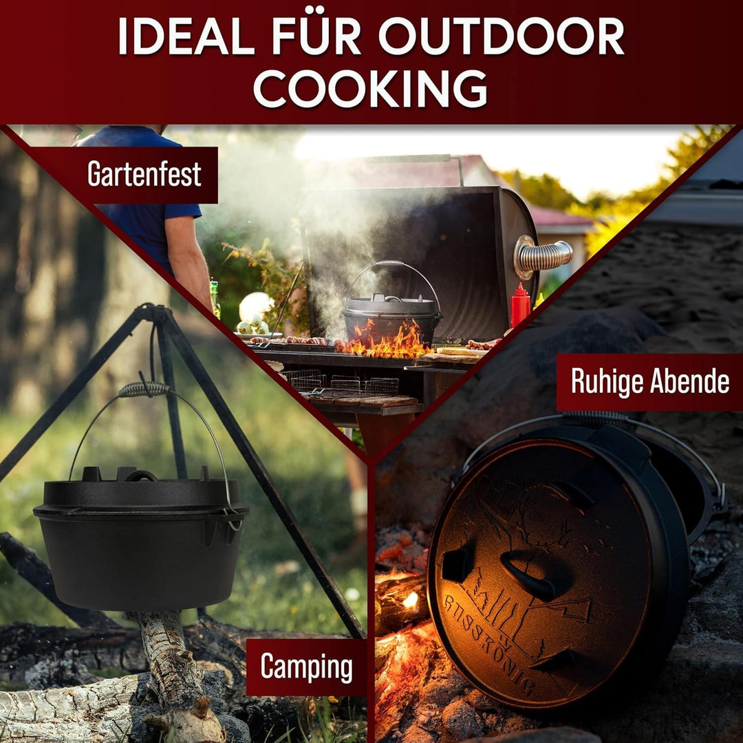 Dutch Oven Set [7L] - Eingebrannter Feuertopf mit praktischem Deckelheber und Füssen, 7 Liter