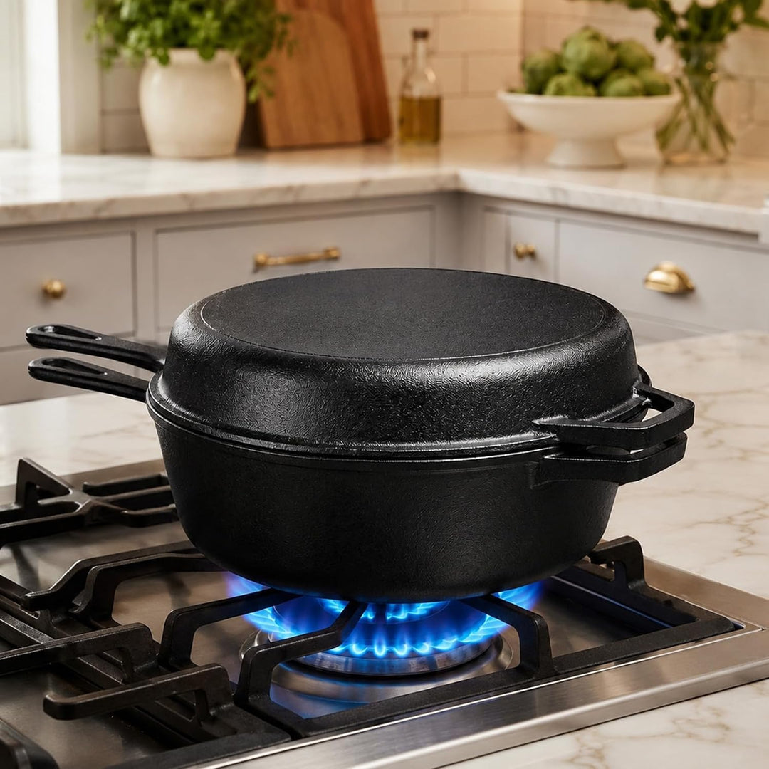 Gusseisen Kombikocher 2-in-1, Dutch Oven Mit Pfannen Deckel