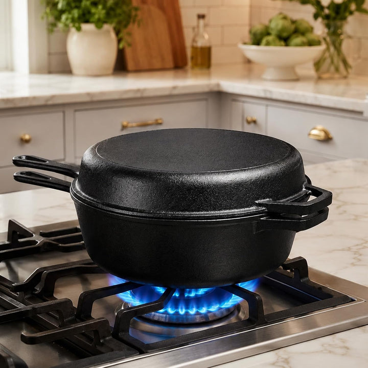 Gusseisen Kombikocher 2-in-1, Dutch Oven Mit Pfannen Deckel