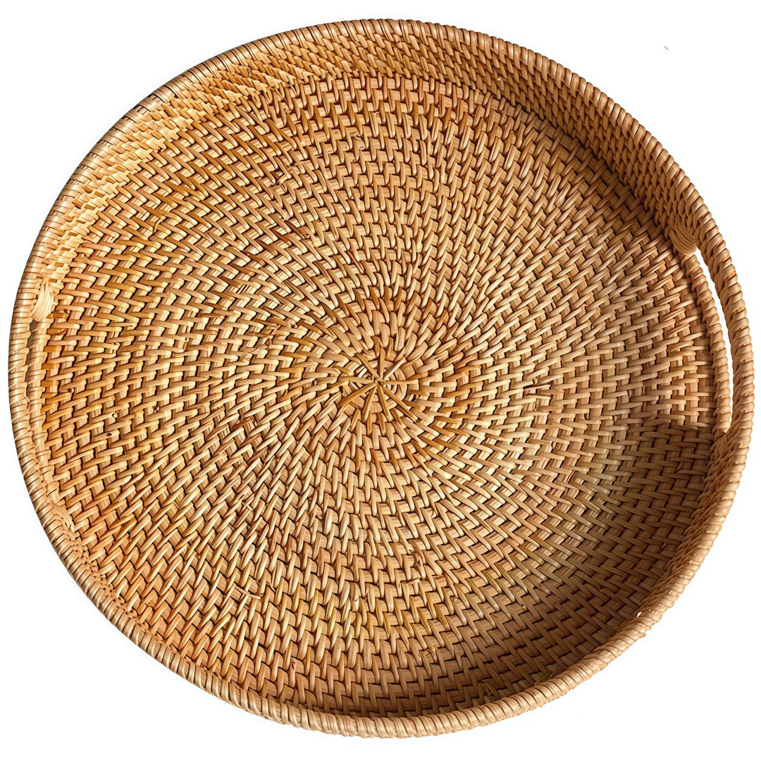 Rundes Rattan Serviertablett, Handgewebtes Serviertablett mit Griffen, Wicker Servierkorb, Dekorativ