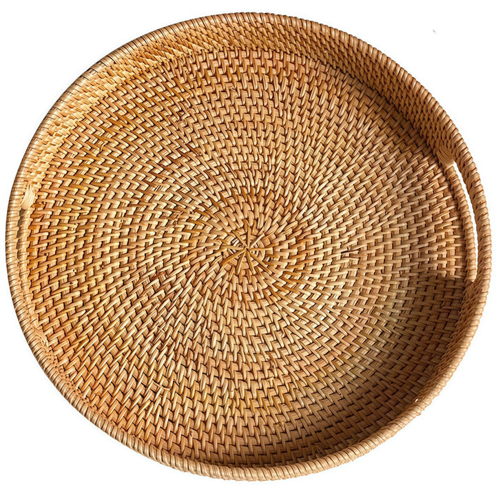 Rundes Rattan Serviertablett, Handgewebtes Serviertablett mit Griffen, Wicker Servierkorb, Dekorativ