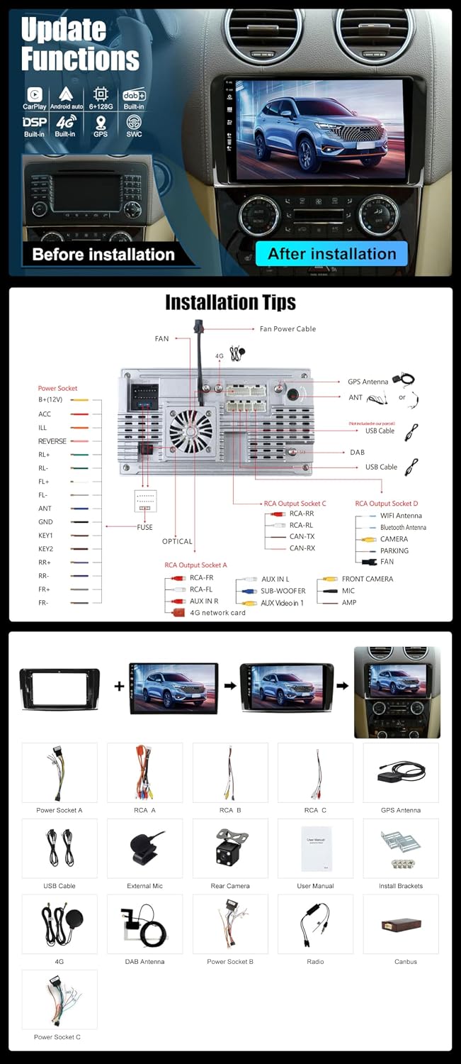 Eingebaut 4G &amp; DAB | Android 15 QLED Autoradio für Benz GL ML Class W164 X164 ML350 ML450 ML500 GL32