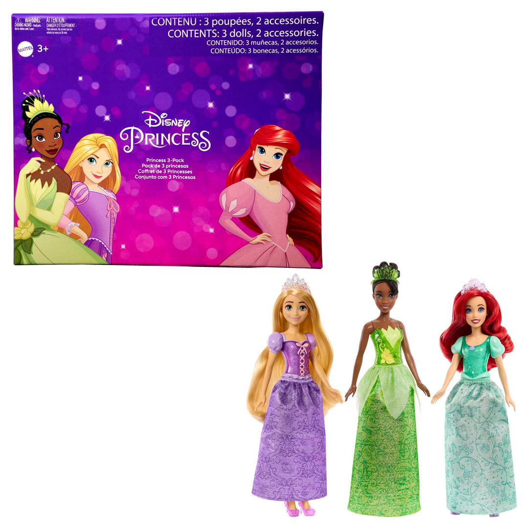 DISNEY Prinzessin 3er-Pack - Tiana, Rapunzel und Arielle mit Accessoires, abnehmbarem Diadem und Sch