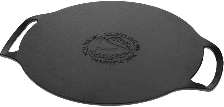 Victoria Grillplatte fur Pizza Gusseisen Pizzablech, 38cm mit Griffen, Induktion, Feuer, Grill, Ofen