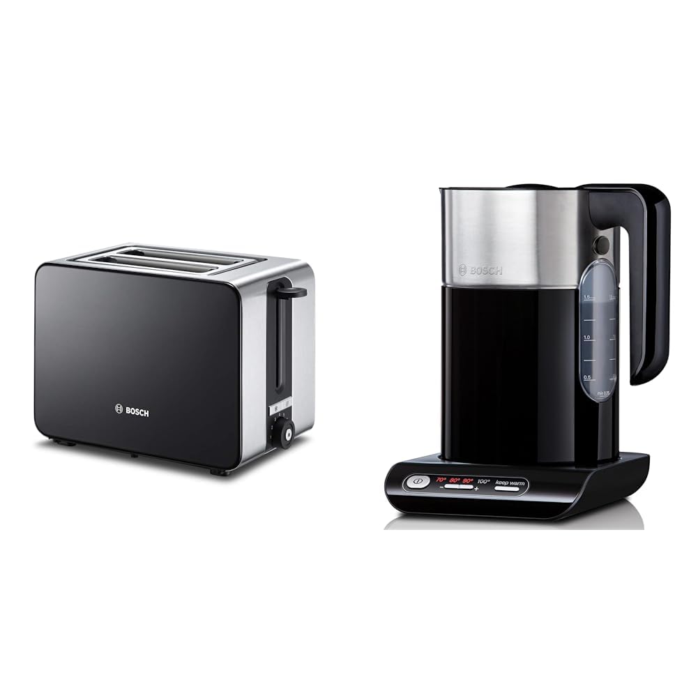 Bosch TAT7203 Kompakt-Toaster, Auftau/Aufknusperfunktion, 1050 W, Edelstahl/schwarz &amp; belloser Wasse