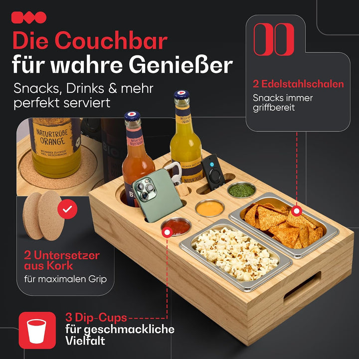 Premium Couchbar - Kiriholz - 3 Farben - 3 Dipschalen 2 Snackschalen 2 Untersetzer 1 Flaschenöffner,