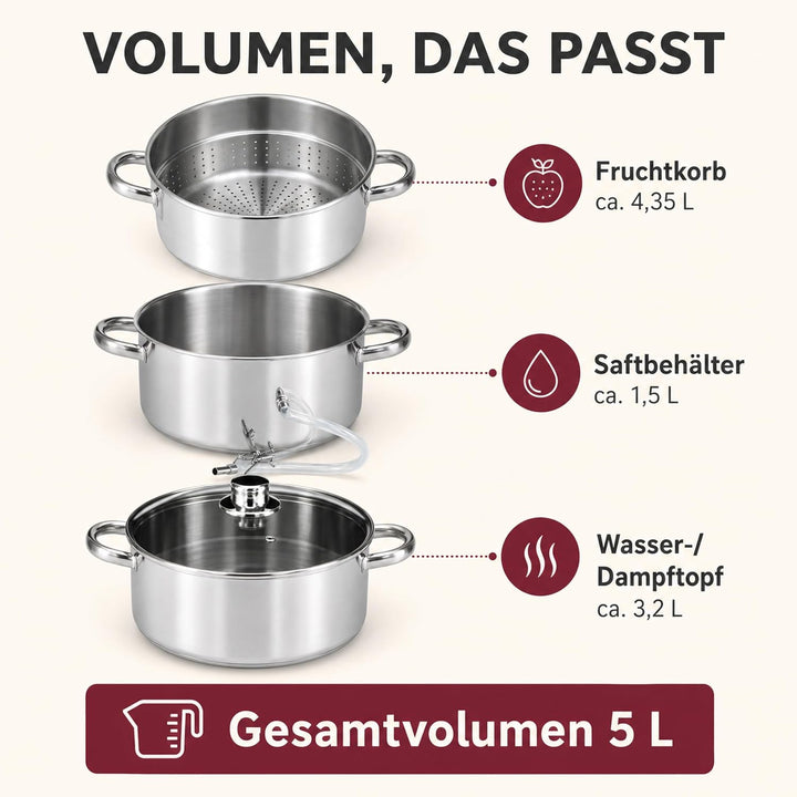 Dampfentsafter 5 Liter Edelstahl Ø 22 cm für alle Herdarten &amp; Induktion