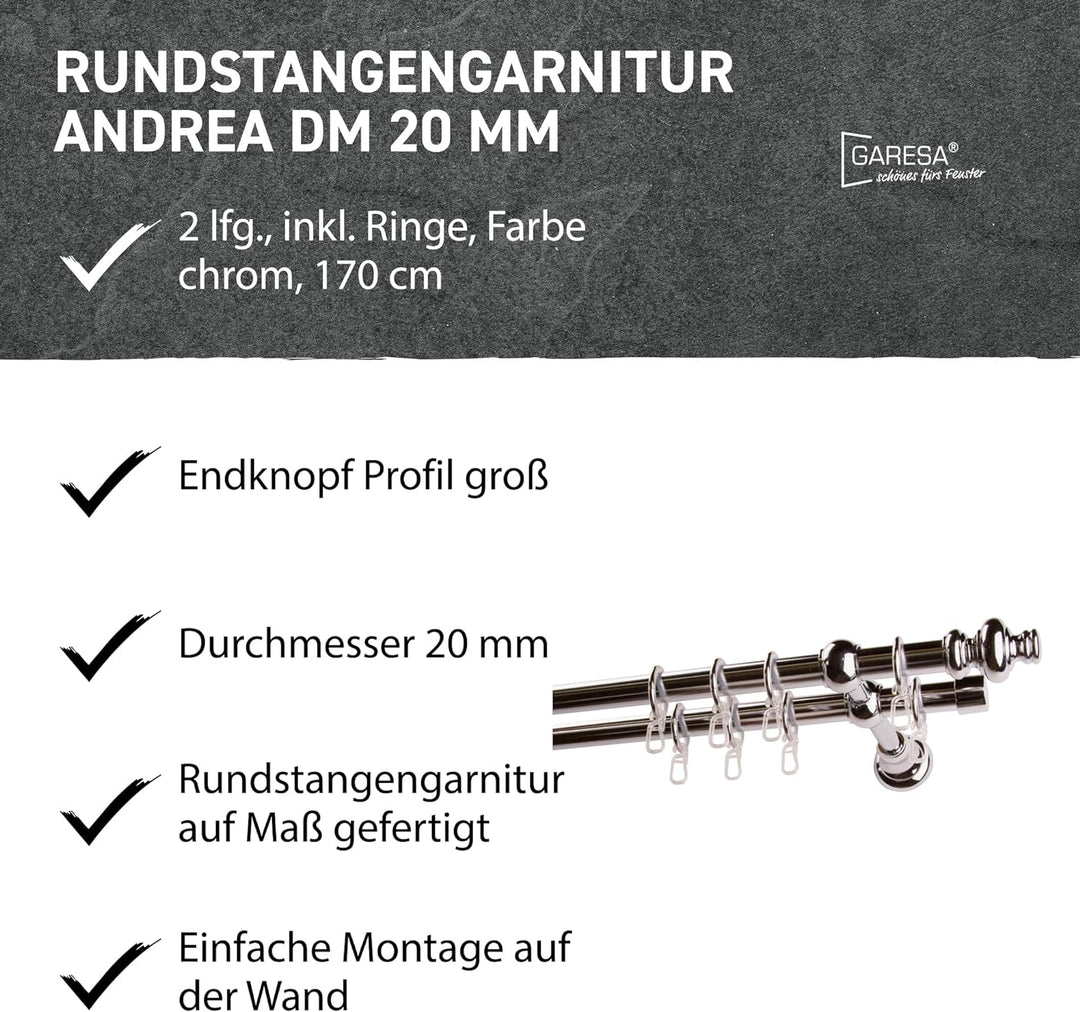 Garesa Gardinenstange Andrea Ø 20mm, 2-läufig, Chrom I Stabile Vorhangstange inkl. Ringe + Faltenleg