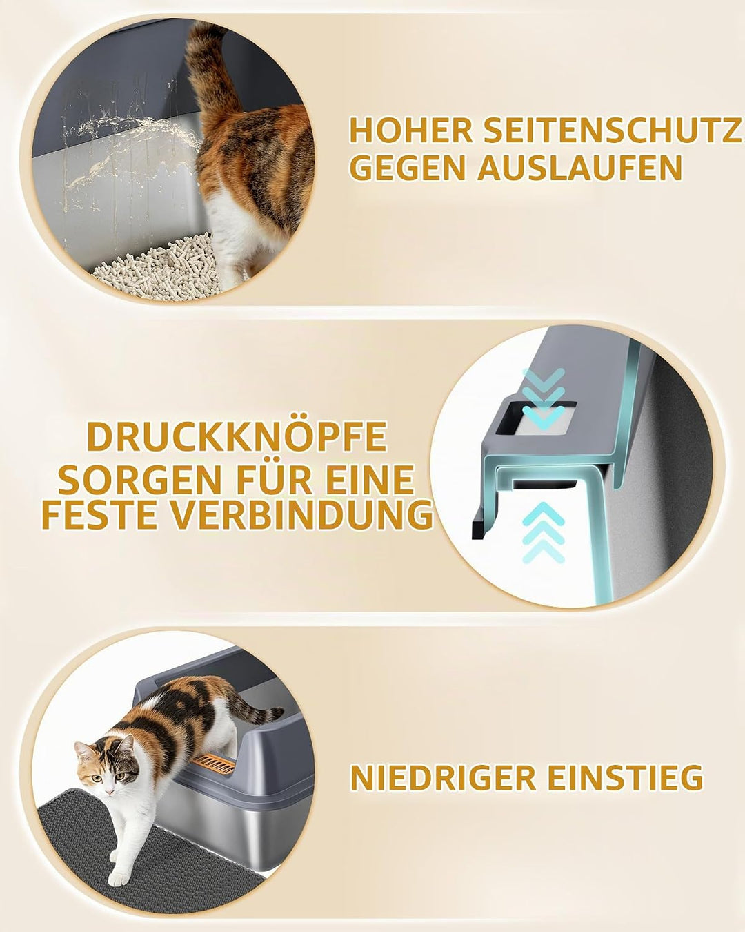 Hzuaneri Katzenklo Edelstahl XXL, 60 × 40 × 26 cm, Katzenklo mit Hoher Rand, mit XL-Matte, Schaufel,