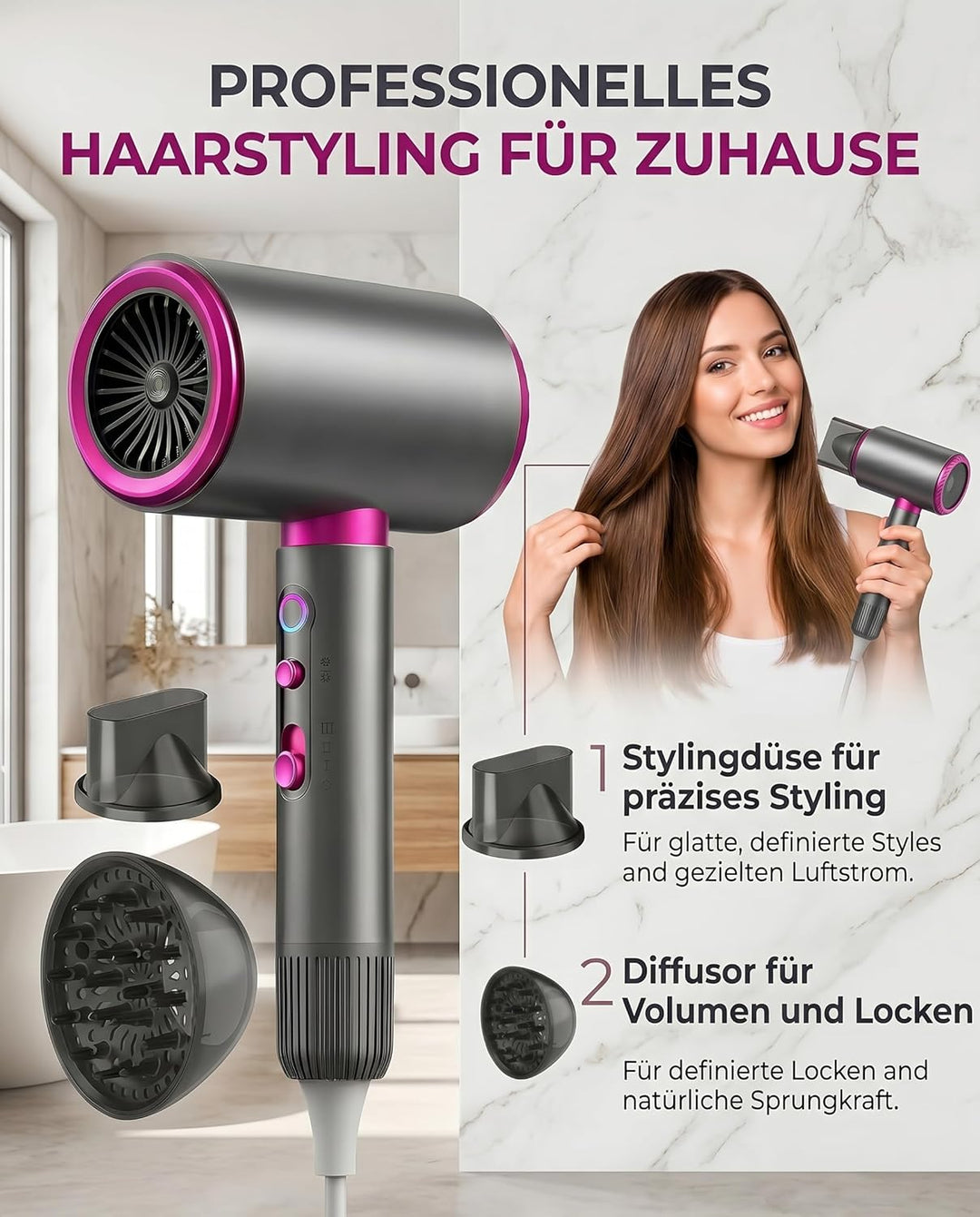 2200W Ionen-Haartrockner mit Diffusor Konzentrator Reiseföhn | 3 Temperaturen, 2 Geschwindigkeiten,