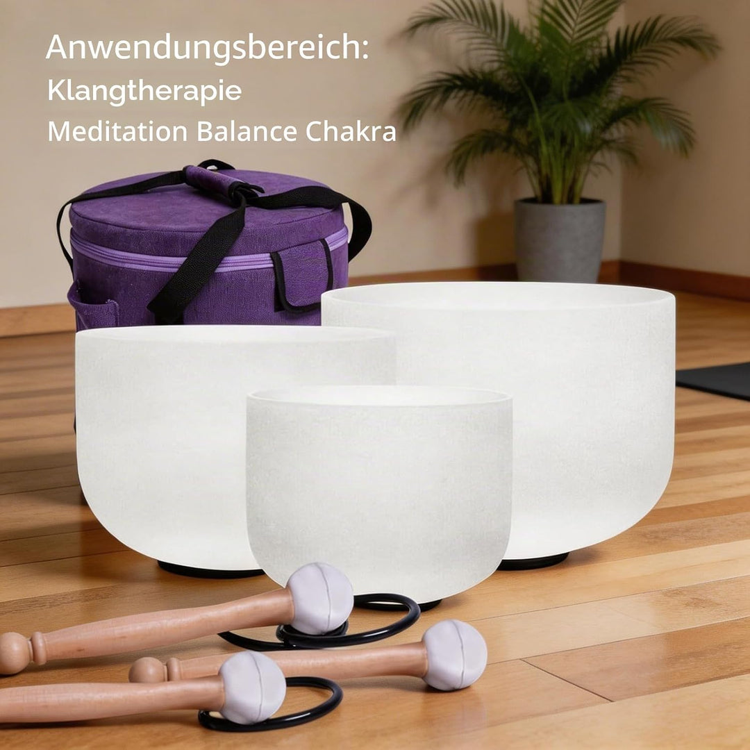 Energysound Perfect Pitch Chakra Singing Bowls 432Hz 11" D 9" F 7" B Frosted Quartz Crystal Singing