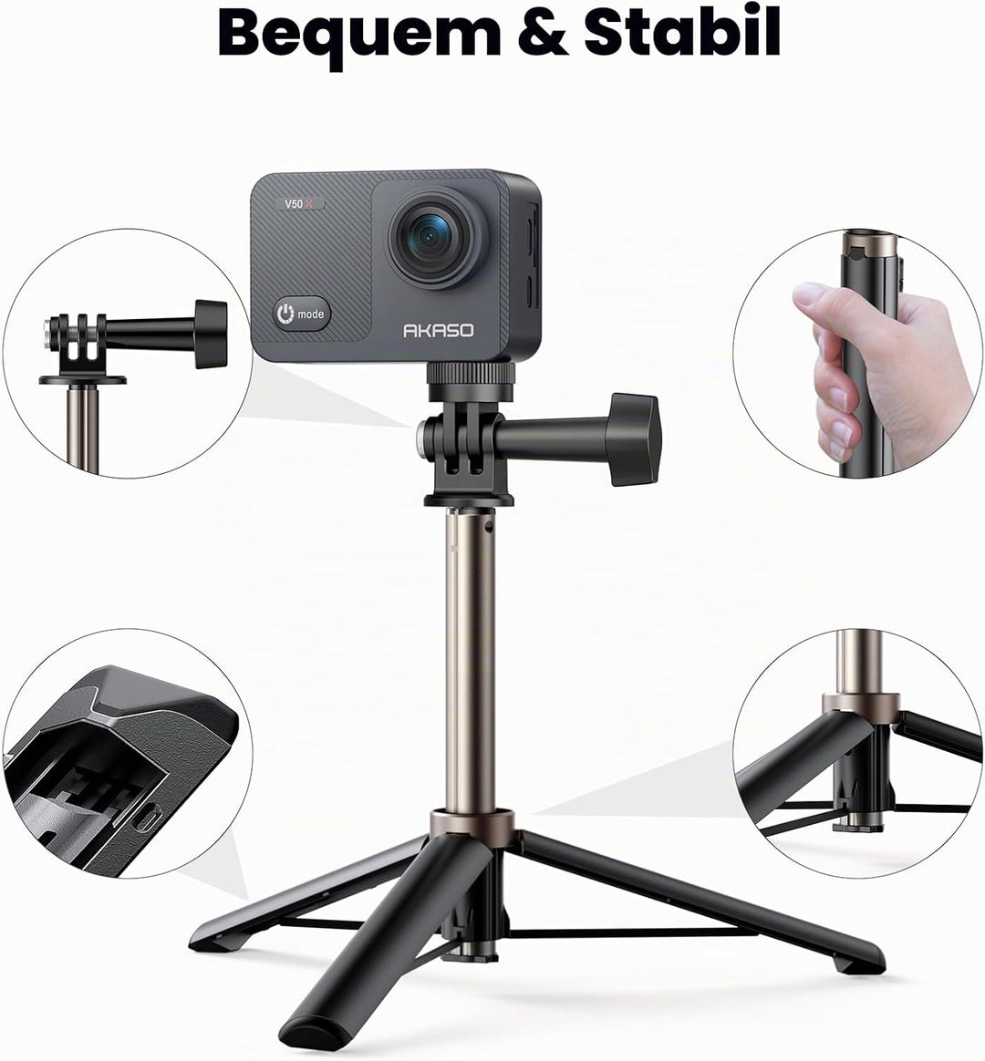 AKASO Action Cam 4K30FPS mit 60cm Stativ Selfie Stick und Tasche Unterwasserkamera WiFi 40M EIS Anti