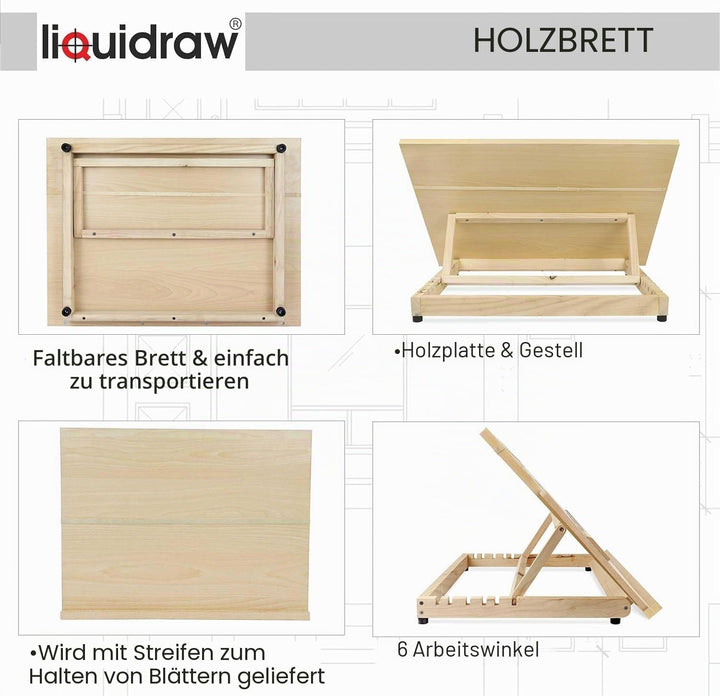 Liquidraw A2 Künstler-Zeichenbrett, 6 Winkel, verstellbar, Massivholz, Kunst-Skizzierbrett mit 60 cm