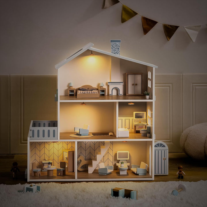 ROBUD Puppenhaus aus Holz Lichtern,3 Etagen, inklusive Möbeln und Treppe,Spielzeug für Kinder ab 3 J