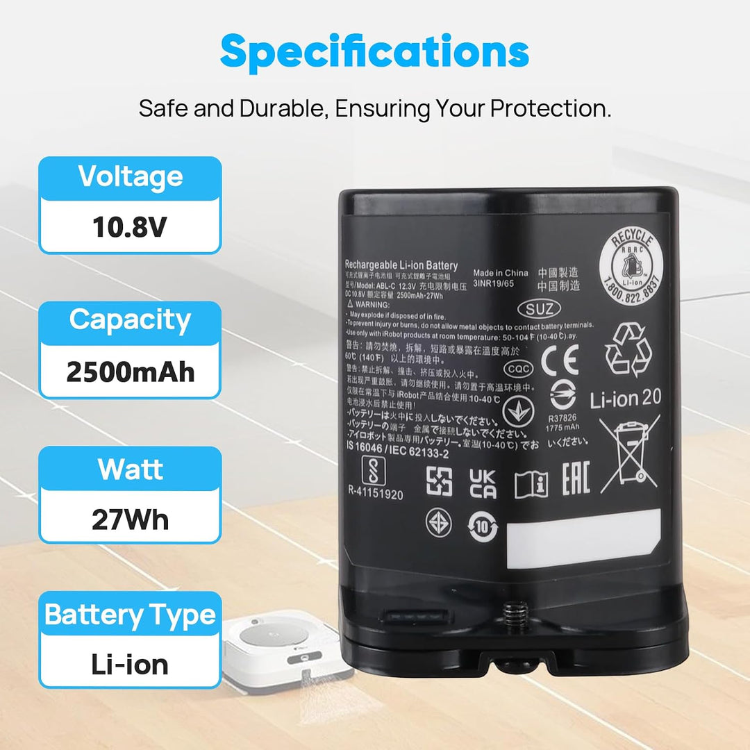 2500-mAh-Akku (10,8 V), Kompatibel mit iRobot Braava Jet M6(6110) Serie, M611020, M612880, M612680,