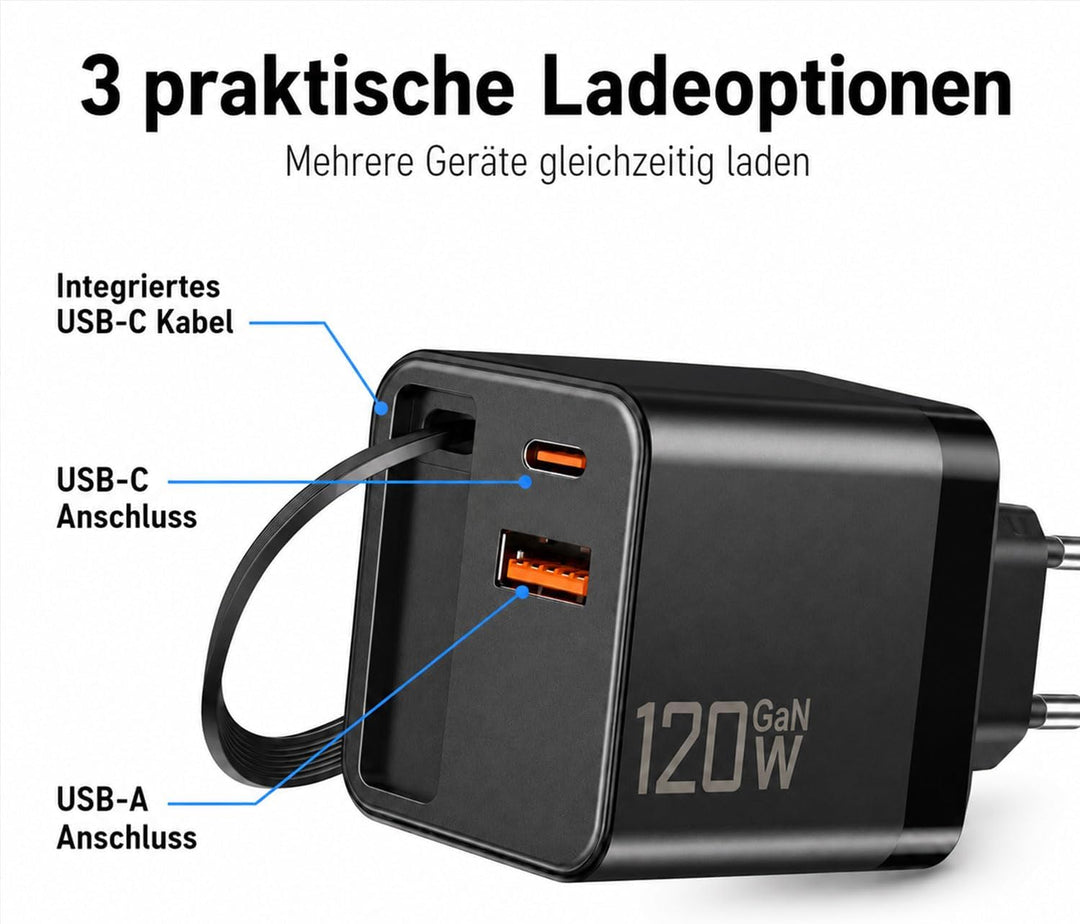 ERBO USB C Ladegerät 120W GaN, Schnellladegerät mit Einziehbarem Ladekabel, USB-C Kabel, 3-Port USB-