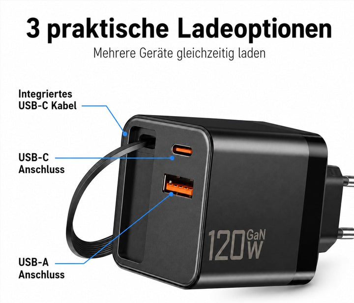 ERBO USB C Ladegerät 120W GaN, Schnellladegerät mit Einziehbarem Ladekabel, USB-C Kabel, 3-Port USB-