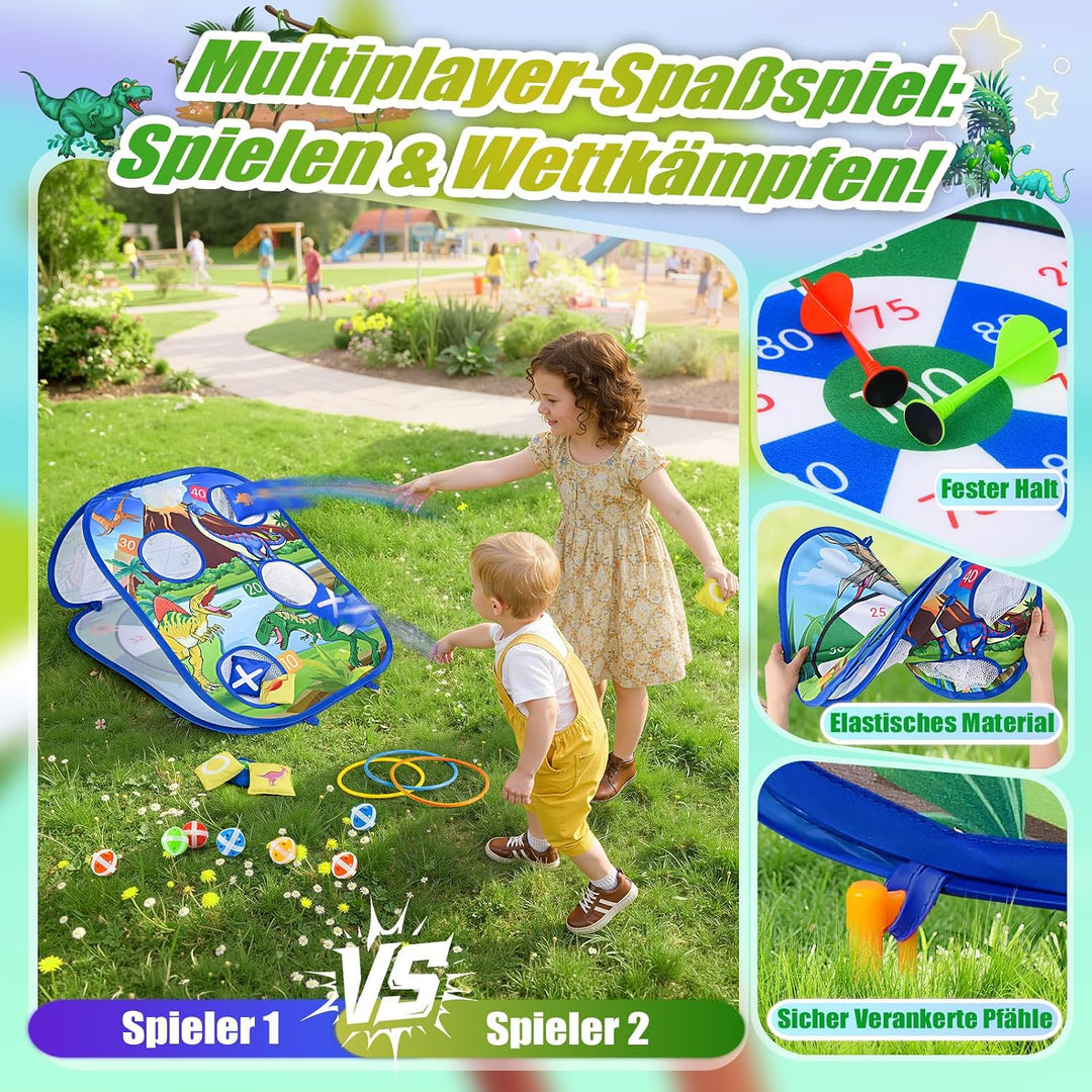 5-in-1 Dinosaurier/Einhorn Wurfspiel Dartboard mit Pfeilen, Sitzsäcken, Bällen, Ringwurf, tragbare O