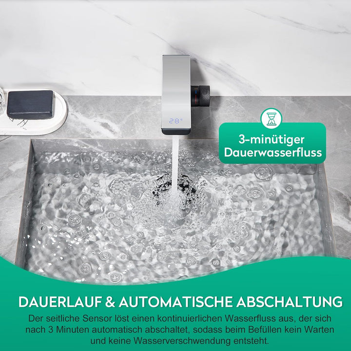 CREA Infrarot Sensor Wasserhahn Bad, mit Temperaturanzeige, Schwarz