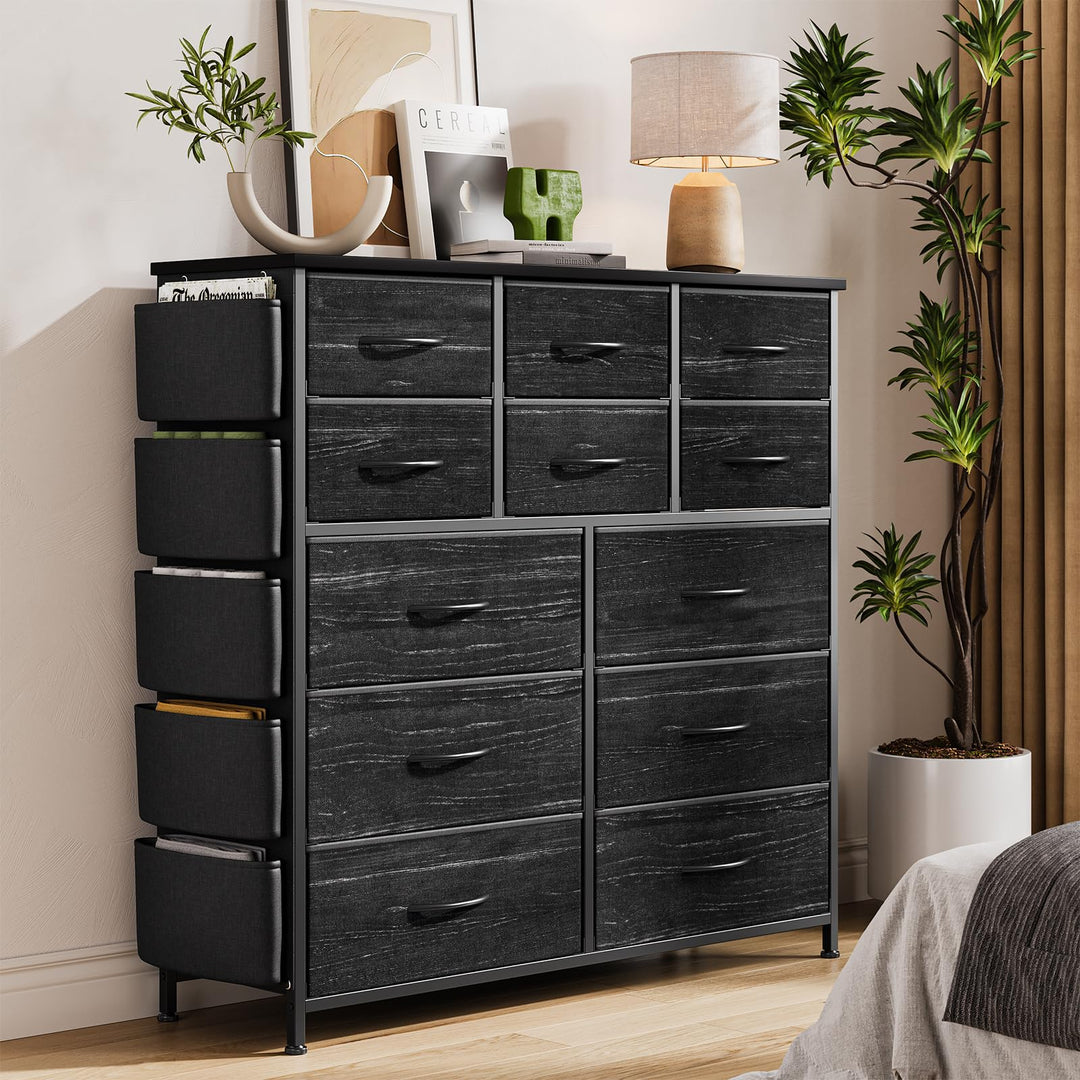 Stoffkommode 12 Schubladen, 99x30x110cm, Stahlrahmen, MDF-Platte Schwarz (110 Cm Höhe), Schwarz (110