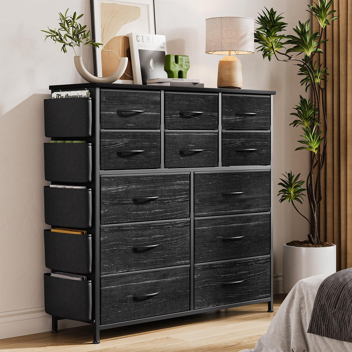 Stoffkommode 12 Schubladen, 99x30x110cm, Stahlrahmen, MDF-Platte Schwarz (110 Cm Höhe), Schwarz (110
