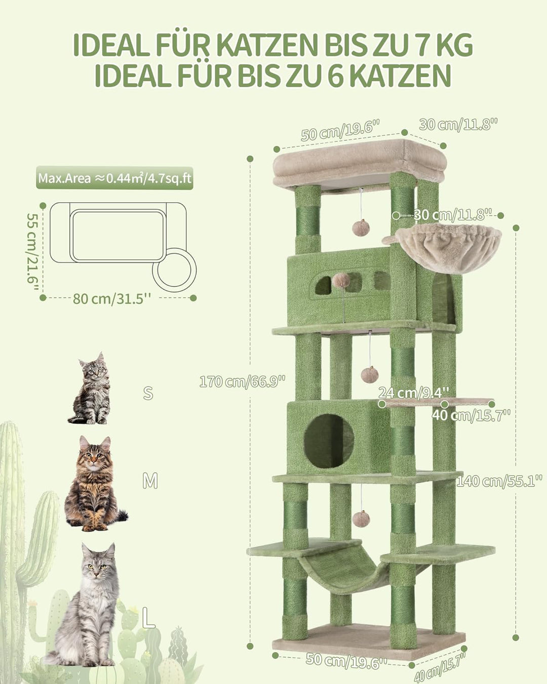 Hzuaneri Kratzbaum gross, 170 cm hoch, Katzenbaum, mit 8 Kratzbäume, 2 Höhlen, gross Plattformen, Wa