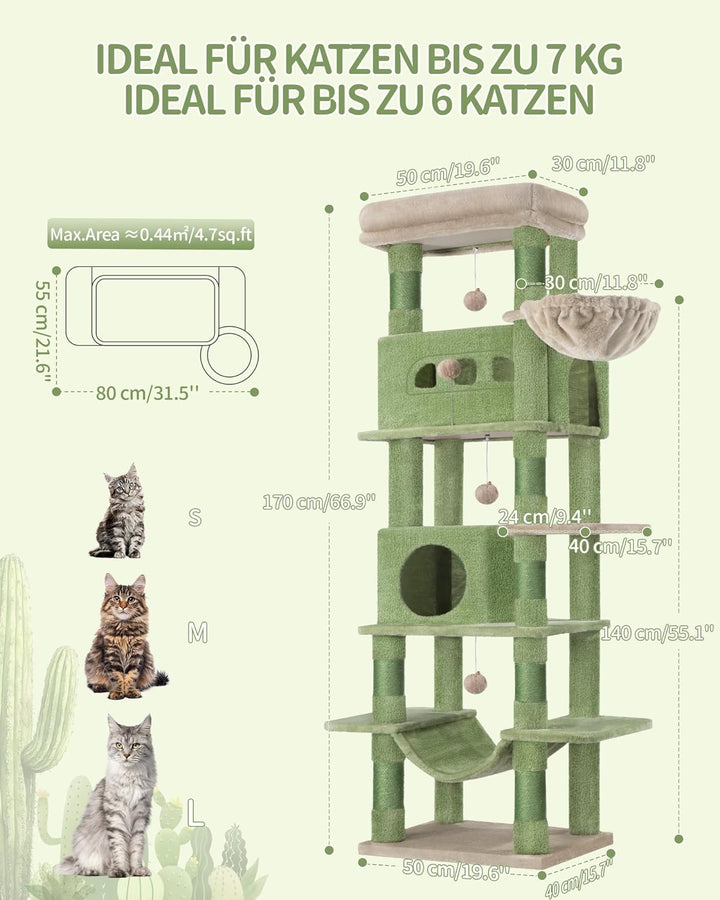 Hzuaneri Kratzbaum gross, 170 cm hoch, Katzenbaum, mit 8 Kratzbäume, 2 Höhlen, gross Plattformen, Wa