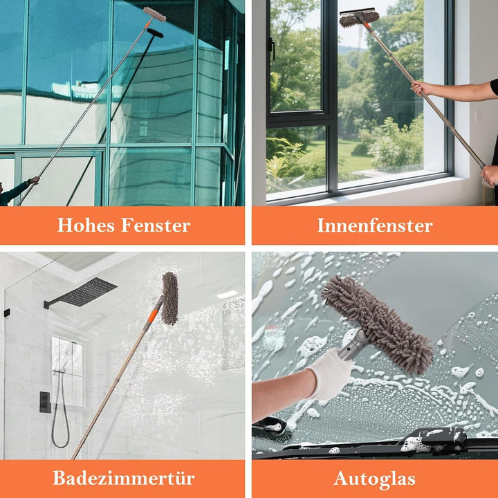 Terafeels 280cm Teleskop Fensterwischer Abzieher Set, 2 in 1 Teleskopstange Fensterreinigung ür Inne