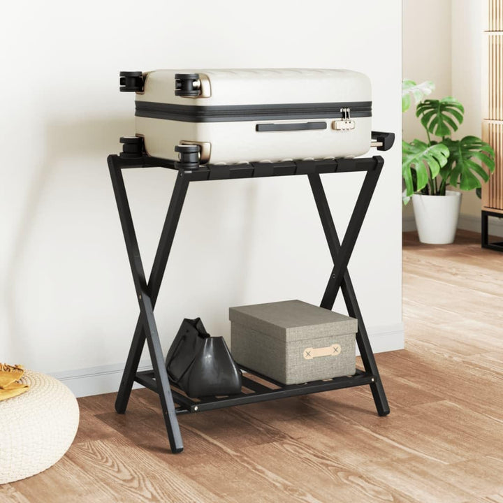Gepäckablage Schwarz aus Bambus 68 x 38 x 58 cm, klappbarer Kofferständer mit zwei Ablagen für Hotel