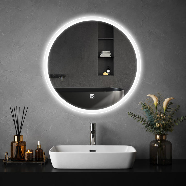 Badspiegel mit Beleuchtung, LED Badezimmer Spiegel Rund 50cm, Dimmbar, 3 Lichtfarben, Touch-Schalter