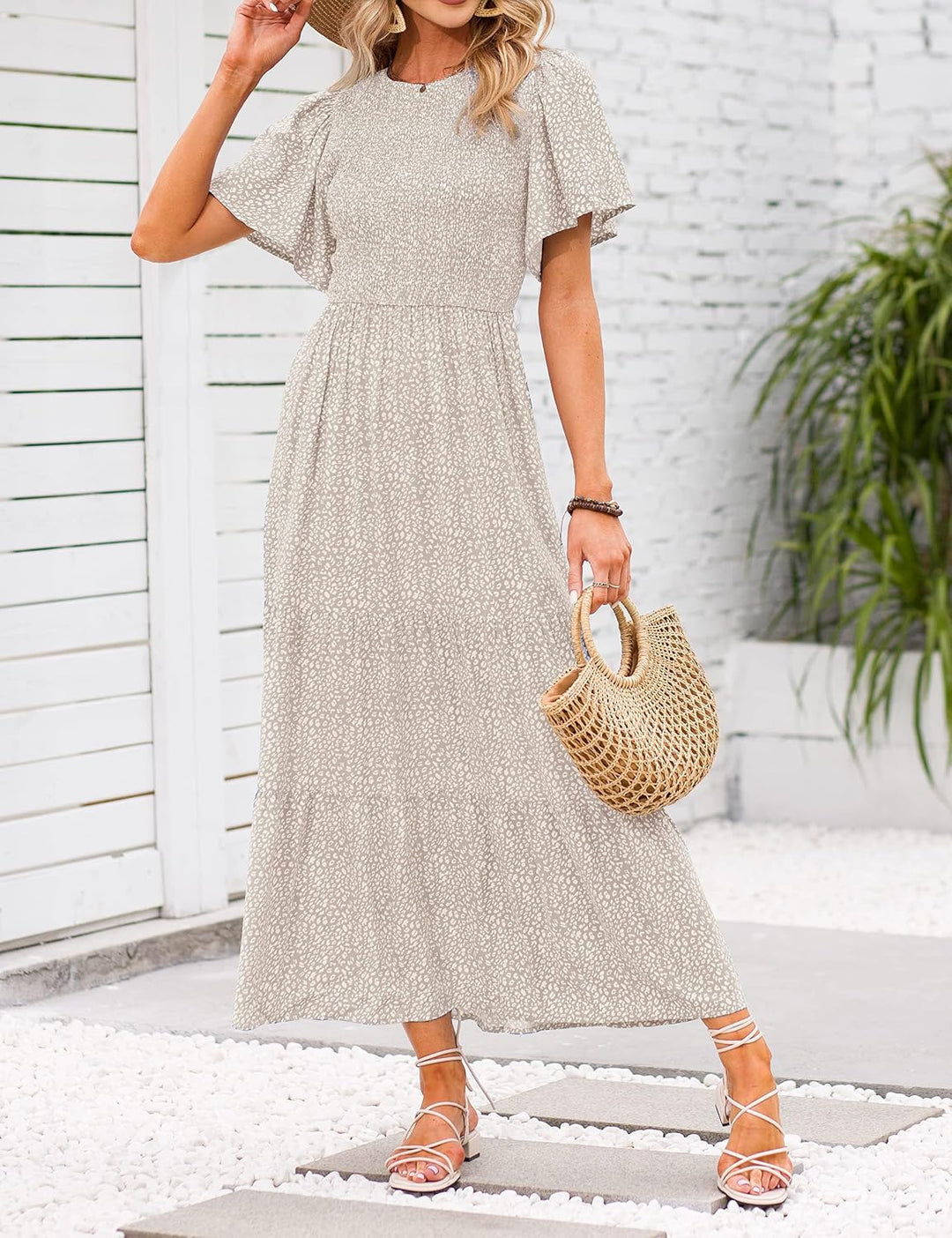 ZESICA Damen 2023 Sommer Casual Blumendruck Kurze Flatterärmel Rundhalsausschnitt Gesmokt Hohe Taill