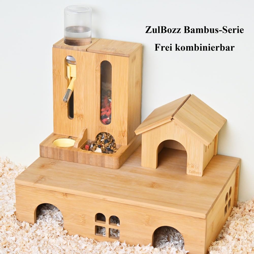 Verstellbare Hamster Futterstation aus Bambus, 2-in-1 Futternapfhalter mit Wasserflaschenständer, fü