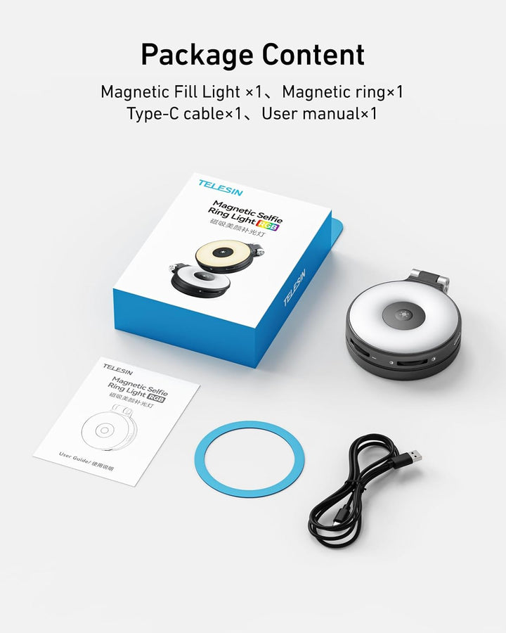TELESIN 4-in-1 RGB-Ringlicht für iPhone/Samsung mit Spiegel und Halterung Schwarz, Schwarz