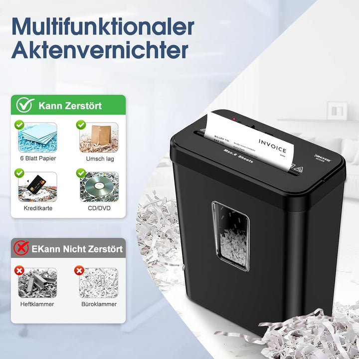 Aktenvernichter, 6-Blatt Kreuzschnitt Papierschredder mit P-4 Geheimhaltungsstufe, 13L Papierkorb mi