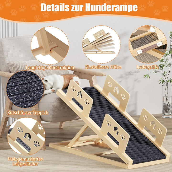 Hunderampe 100cm, 4-stufige Höhenverstellbare von 35CM bis 58CM Hunderampe Bett Rampe Hund aus Holz