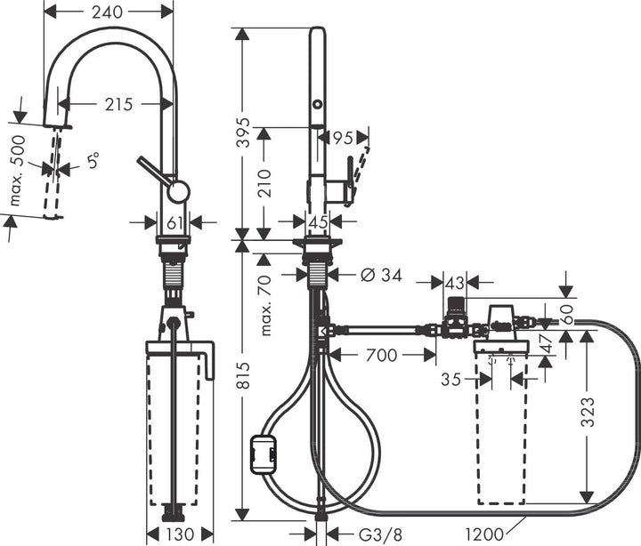 hansgrohe Küchenarmatur Aqittura M91 mit Wasserfilter, 3 Wege Wasserhahn Küche mit Auslauf Höhe 210