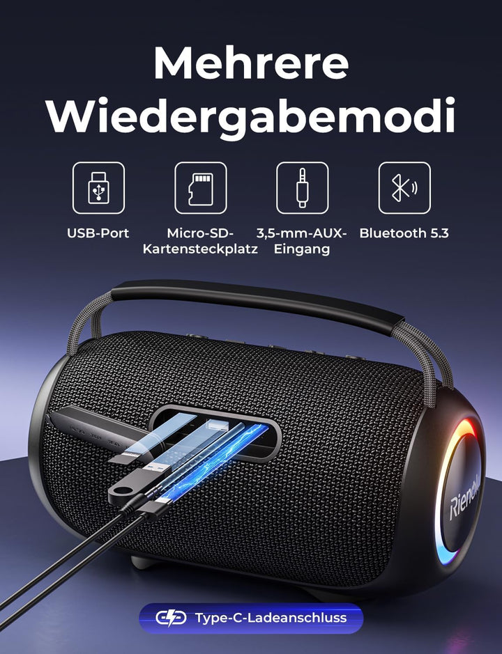 RIENOK Bluetooth Lautsprecher gross,Musikbox 80W, 30 Std. Laufzeit,IPX6 Lautsprecher, Bluetooth Box