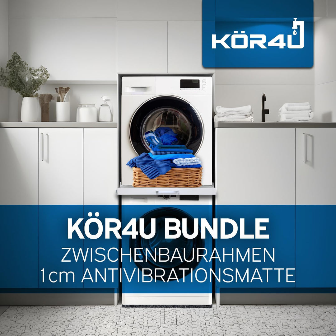 kör4u Premium Antivibrationsmatte 60x60x1cm &amp; kör4u Zwischenbaurahmen weiss mit Ausziehplatte, Stahl