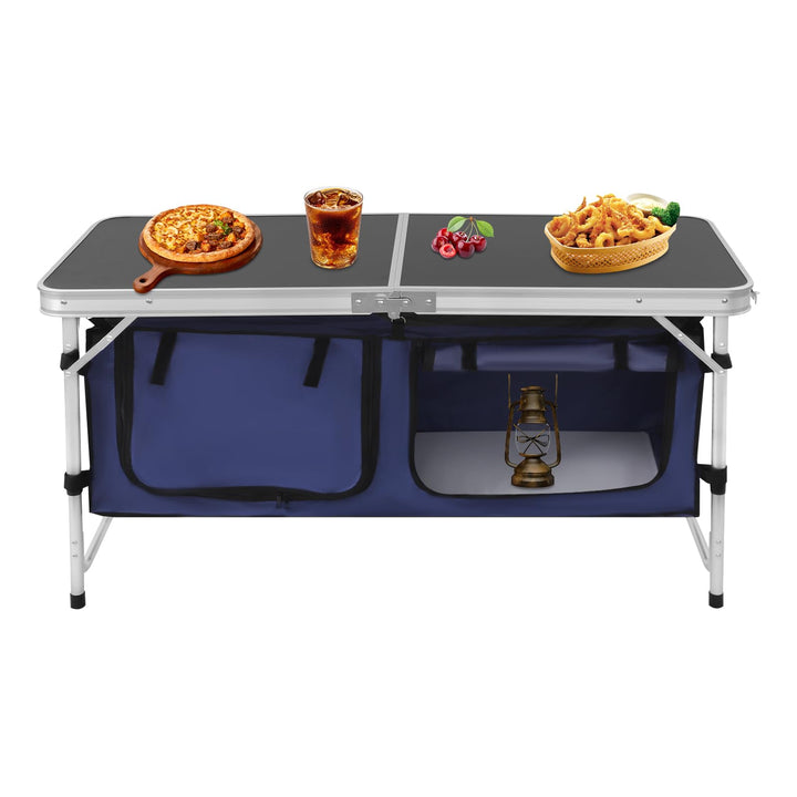 faltbar Campingschrank Alu Campingtisch Höhenverstellbar mit Stauraum, Outdoor Campingmöbel Klapptis