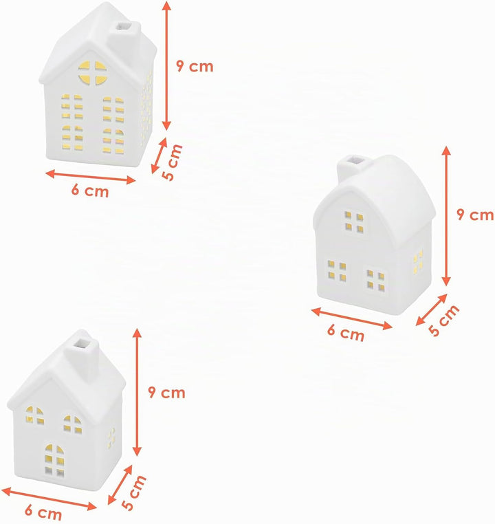 LED Keramik Haus weiss 9 cm - 3er Set - Deko Weihnachtsdorf mit Beleuchtung in warm weiss - Weihnach