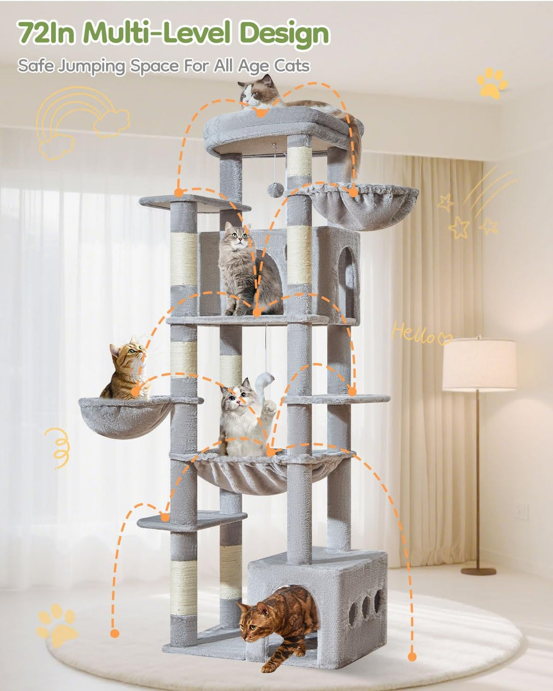 Taoqimiao 182 cm Kratzbaum XXL, Stabil, Gross, Katzenbaum für Katzen, F20W Hellgrau, Hellgrau