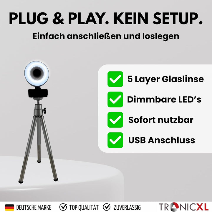 TronicXL Autofokus Webcam mit Ringlicht Lampe + Stativ Full HD 1920x1080p I 2 Mikrofone Stereo Geräu