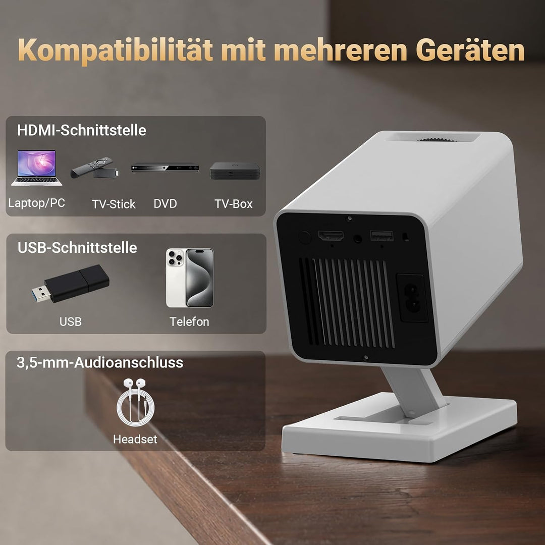 Mini Beamer 4K, Mini Projektor 1080P Unterstützt WiFi 6 BT 5.4, Beamer Klein Projektor mit Eingebaut