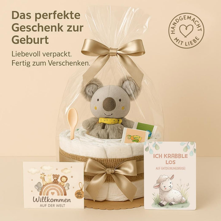Windeltorte Mädchen &amp; Junge mit Koala Greifling, Boho Vintage Handmade Beige - Boho Koala, Beige - B