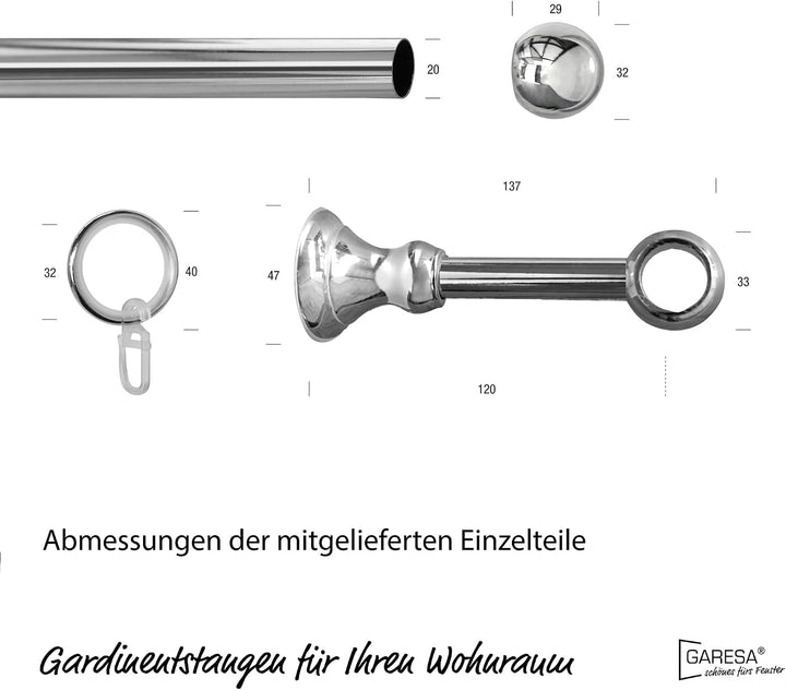 Garesa Gardinenstange Andrea Ø 20mm, 1-läufig, Chrom I Stabile Vorhangstange inkl. Ringe + Faltenleg
